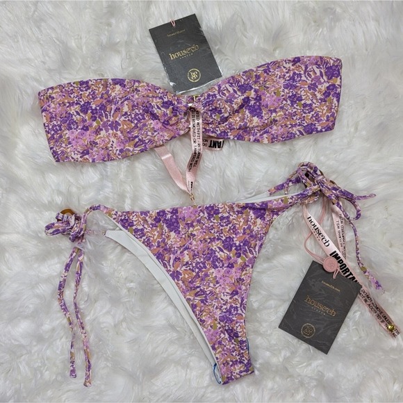 NWT House of CB Violet Floral and Ivory‎ Tie-Side Bikini Set Size L+ / XL - Picture 1 of 7